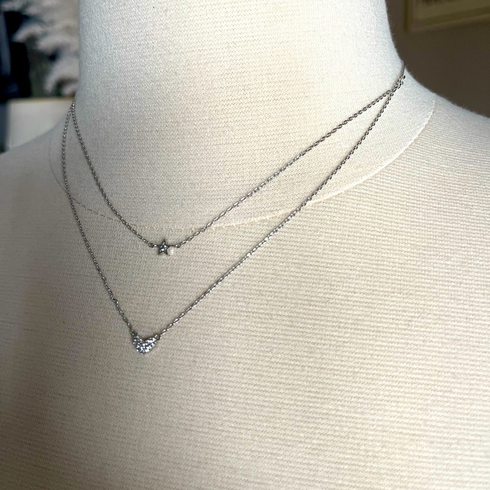 Boutique double strand heart star silver necklace